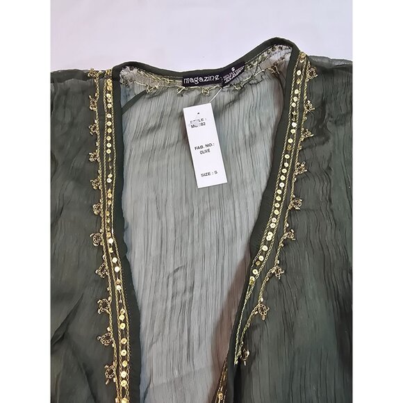 Olive Green Silk Chiffon top, cropped tie front by Magazine Size M New - Picture 6 of 11